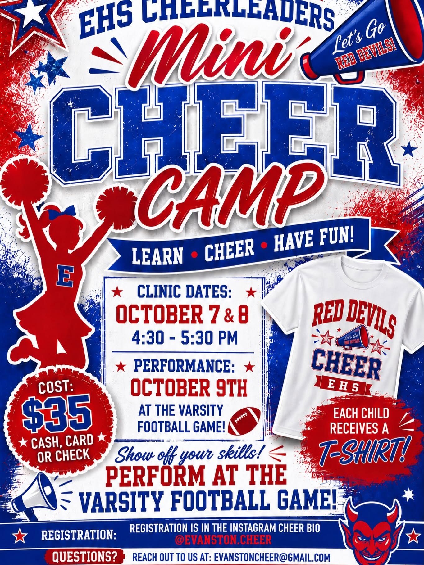 Our fall mini cheer camp is coming up soon! More information is in the registration form! T-shirts are first come first serve based off of registration, so sign up quick! 📣🎀 https://forms.gle/VJzdGP4Yi8fCHMPo7